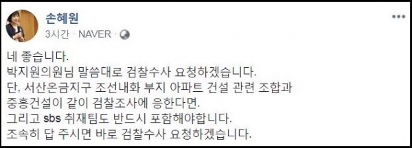 더불어민주당 손혜원 의원 페이스북 화면 캡처