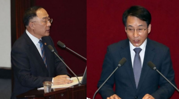 홍남기 부총리가(좌) 3일 오후 국회 대정ㅜ질문에서 미래통합당 김상훈(우) 의원의 질문에 답하고 있다.
