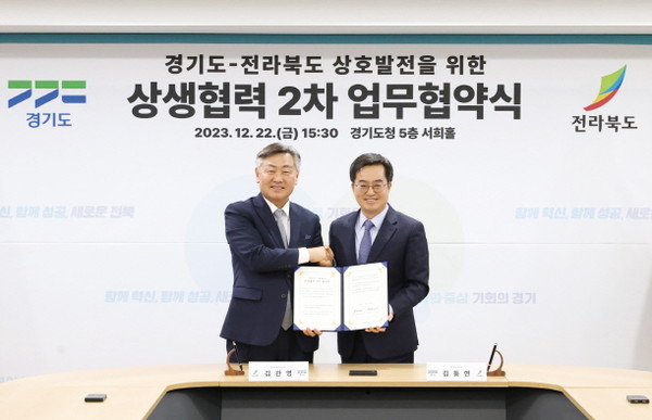 김동연 경기지사(오른쪽)와 전북 상생협력 2차 업무협약식을 하고 있다(사진=경기도)